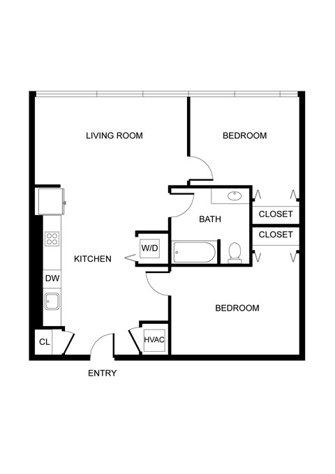 Floor plan for 2 beds, 1 bath, 980 sqft